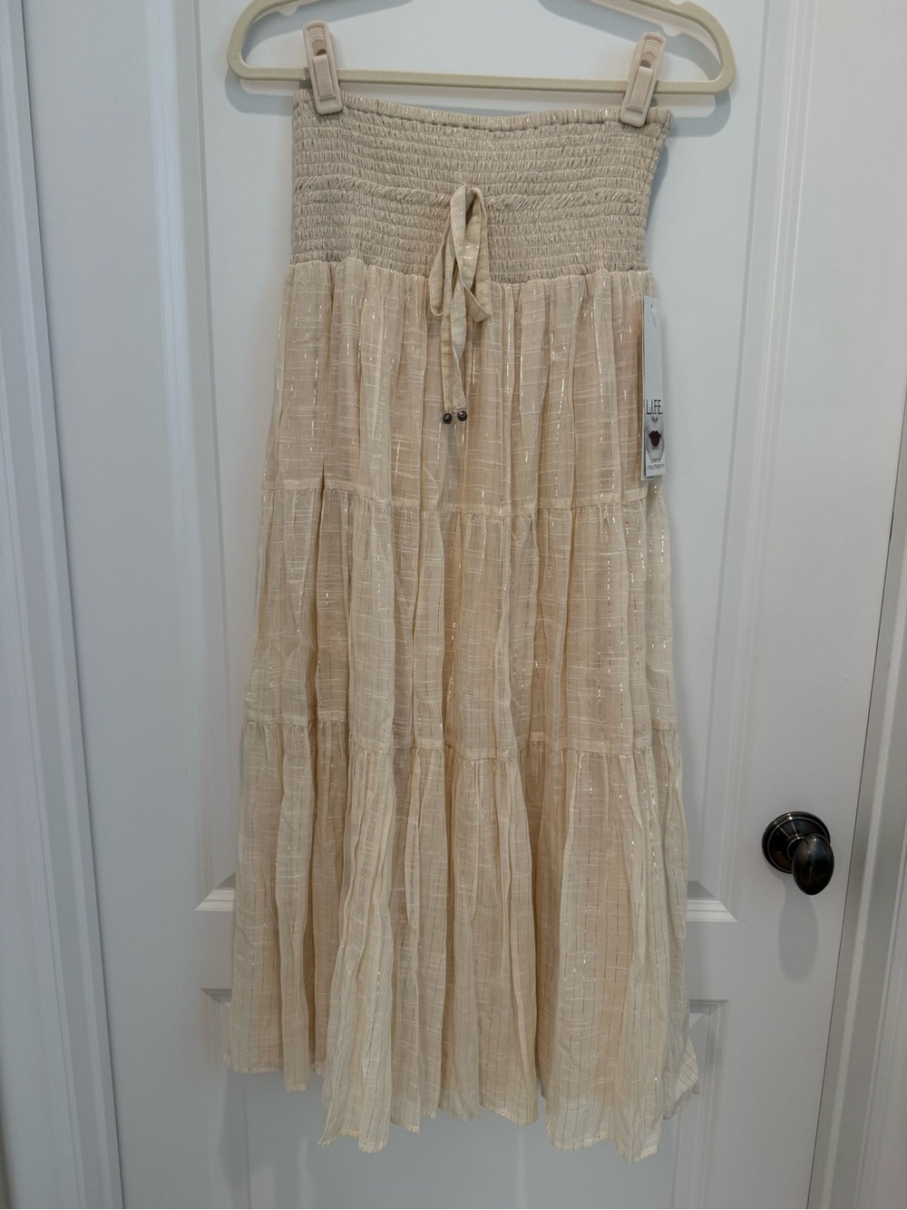 Cream Smocked Tiered Maxi Dress/Skirt with Tie Waist NWT